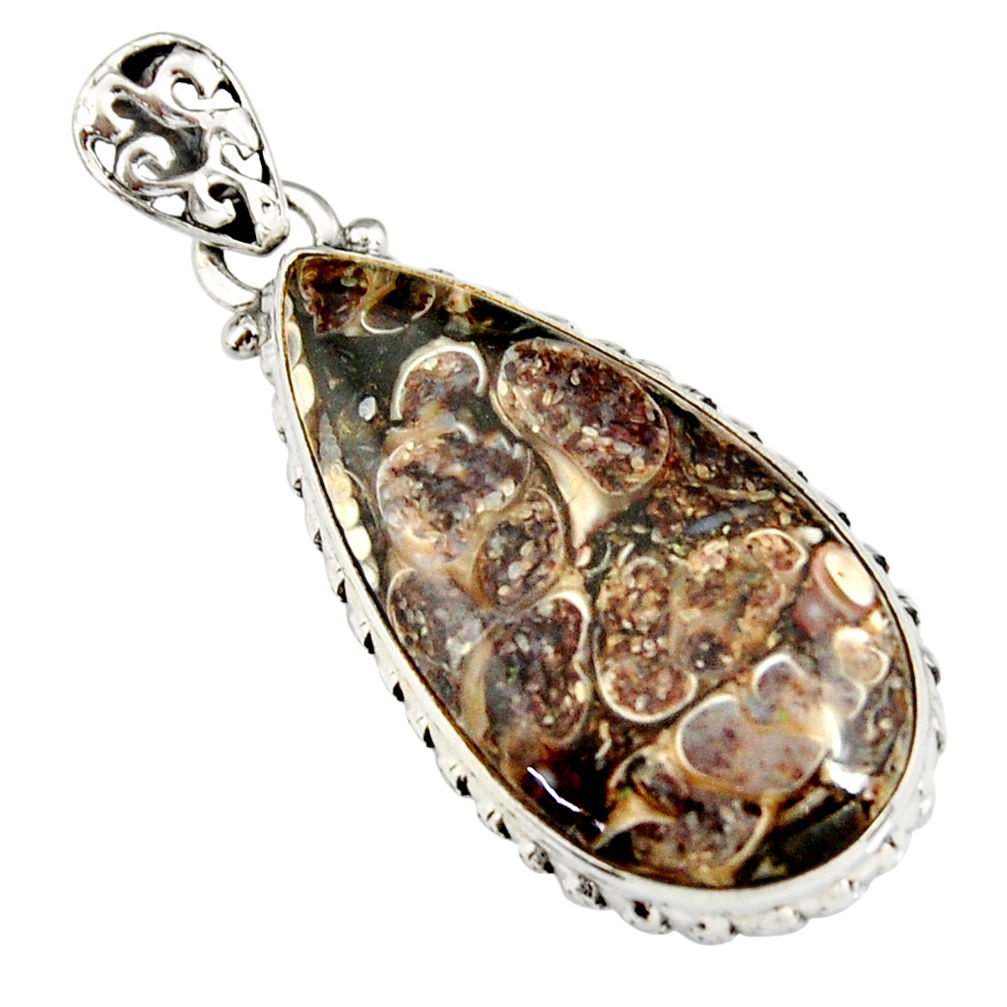 925 silver 15.58cts natural brown turritella fossil snail agate pendant r20147