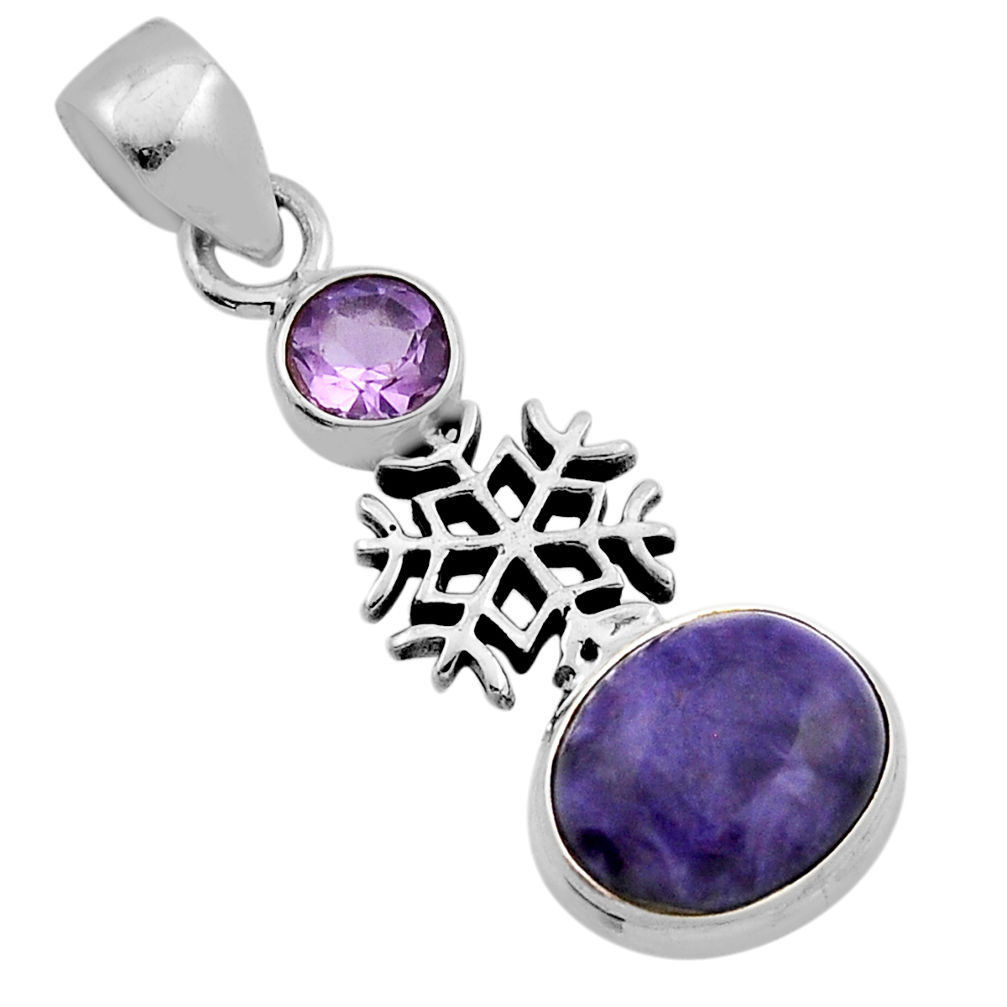 925 silver 5.12cts natural charoite (siberian) amethyst snowflake pendant n13057