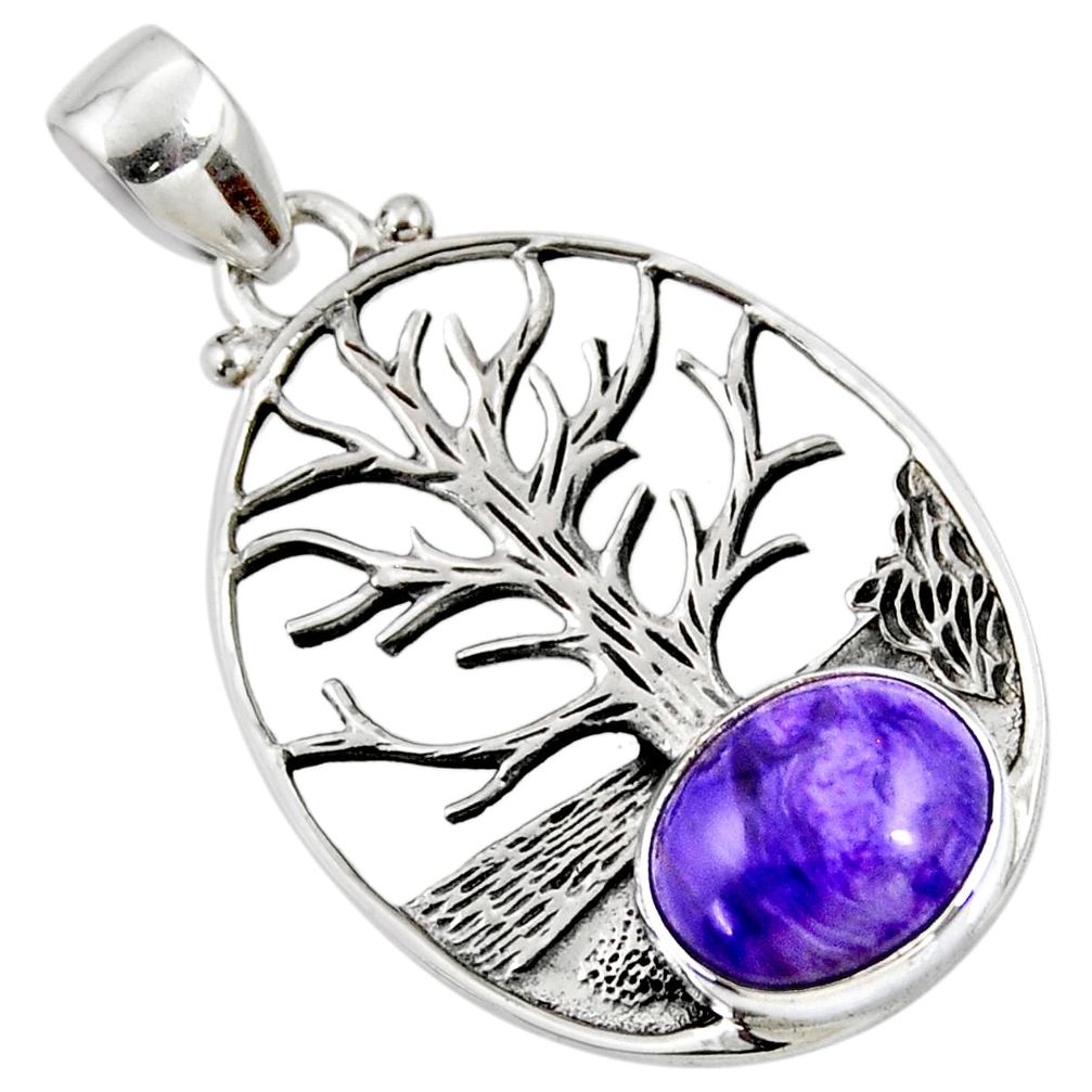 925 silver 5.13cts natural charoite (siberian) oval tree of life pendant r53002