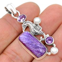 925 silver 10.74cts natural charoite amethyst pearl seahorse pendant u75062