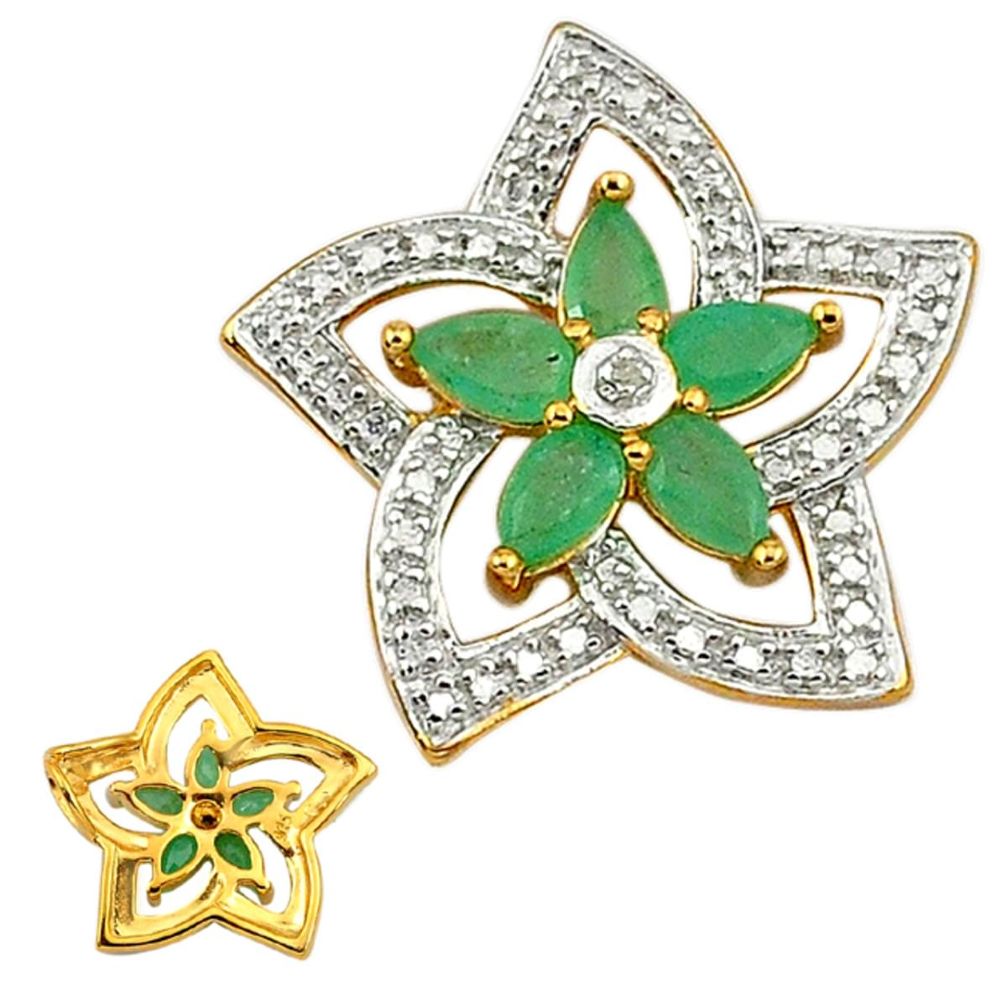 925 silver natural diamond green emerald 14k gold flower pendant c26050
