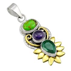 925 silver 5.07cts natural emerald copper turquoise amethyst gold pendant y26219