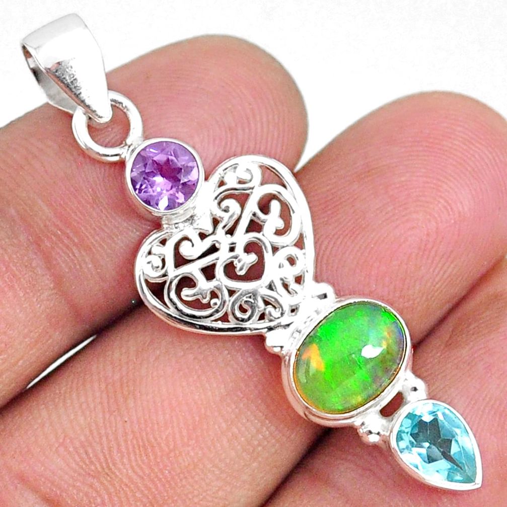 925 silver 5.54cts natural ethiopian opal oval amethyst topaz pendant r75464