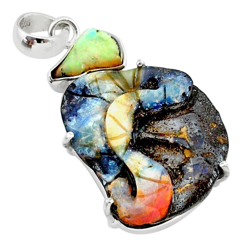 925 silver 18.82cts natural ethiopian rough boulder opal carving pendant t24059