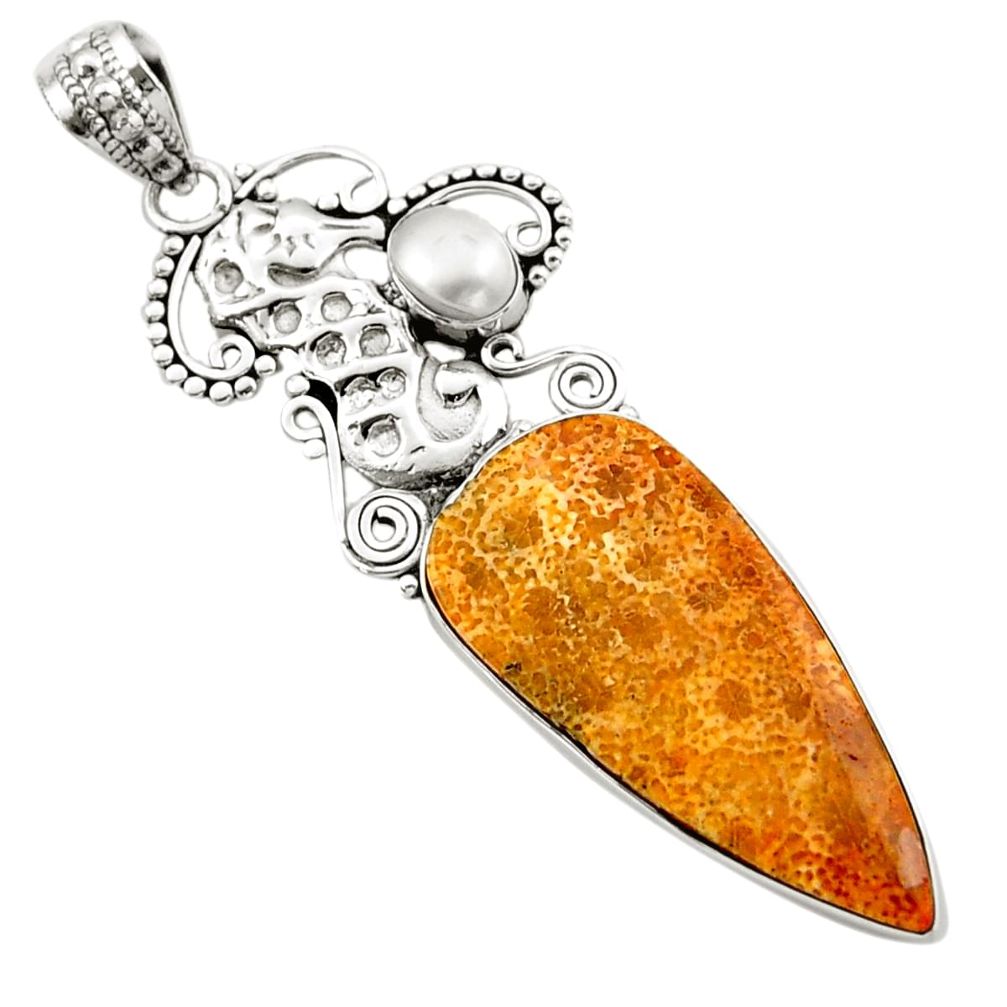 925 silver 17.55cts natural fossil coral petoskey stone seahorse pendant d46720