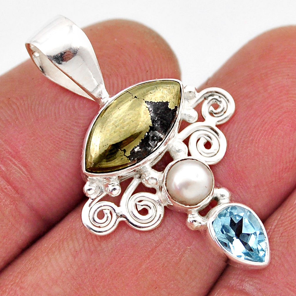 925 silver 8.73cts natural golden pyrite in magnetite topaz pearl pendant y86718