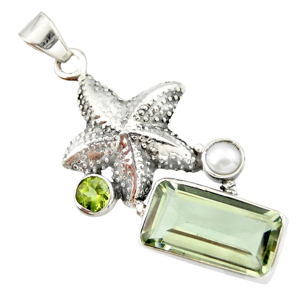 925 silver 9.65cts natural green amethyst peridot pearl star fish pendant r20496