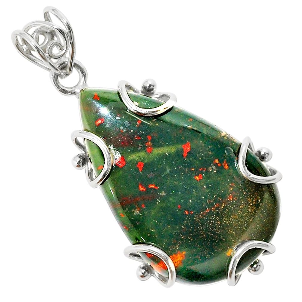 925 silver 25.00cts natural green bloodstone african (heliotrope) pendant t31886