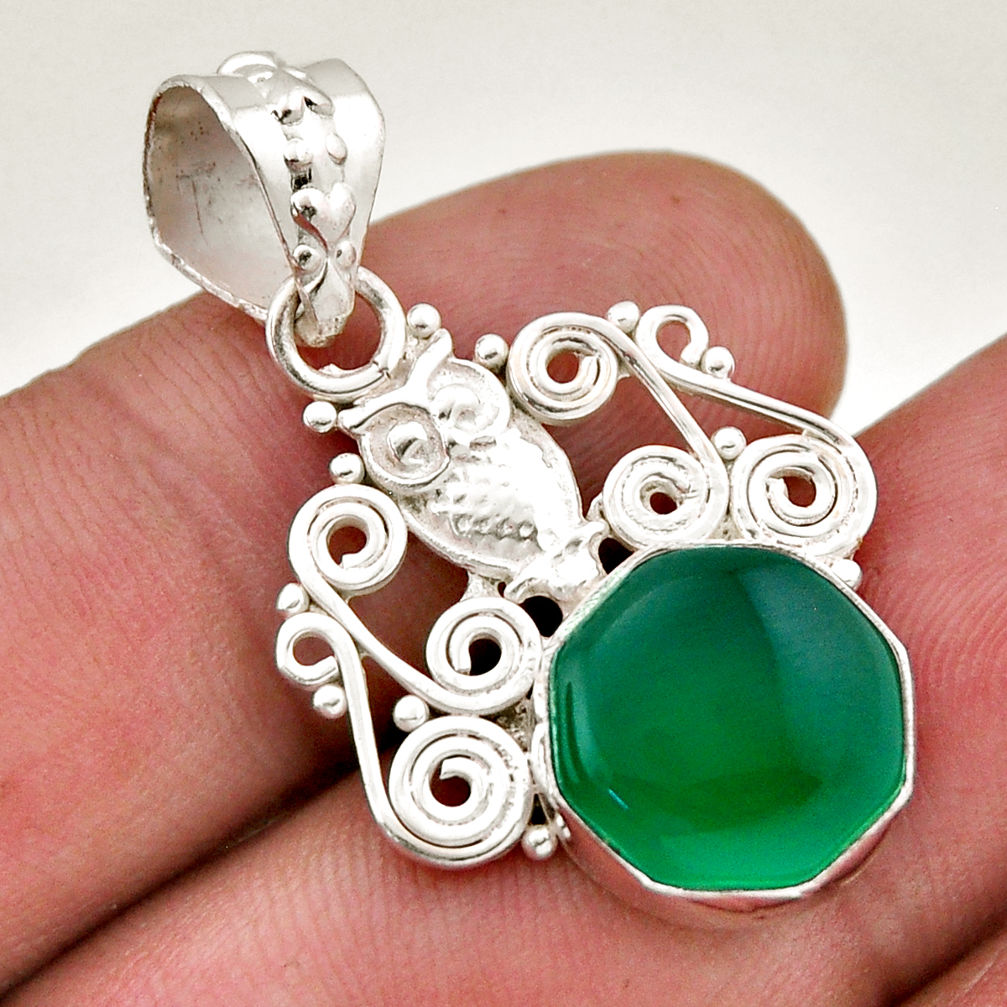 925 silver 6.55cts natural green chalcedony hexagon owl pendant jewelry n46222