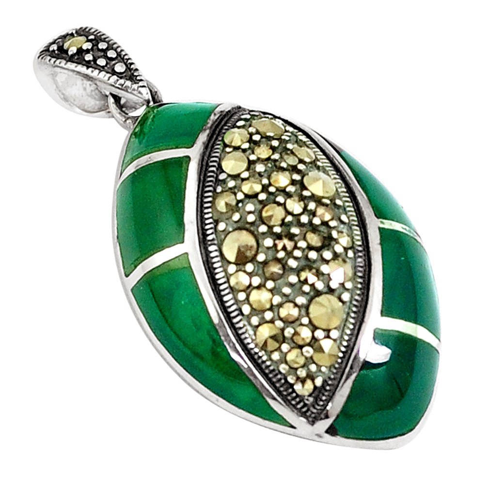 925 sterling silver 7.04cts natural green chalcedony marcasite pendant c16747