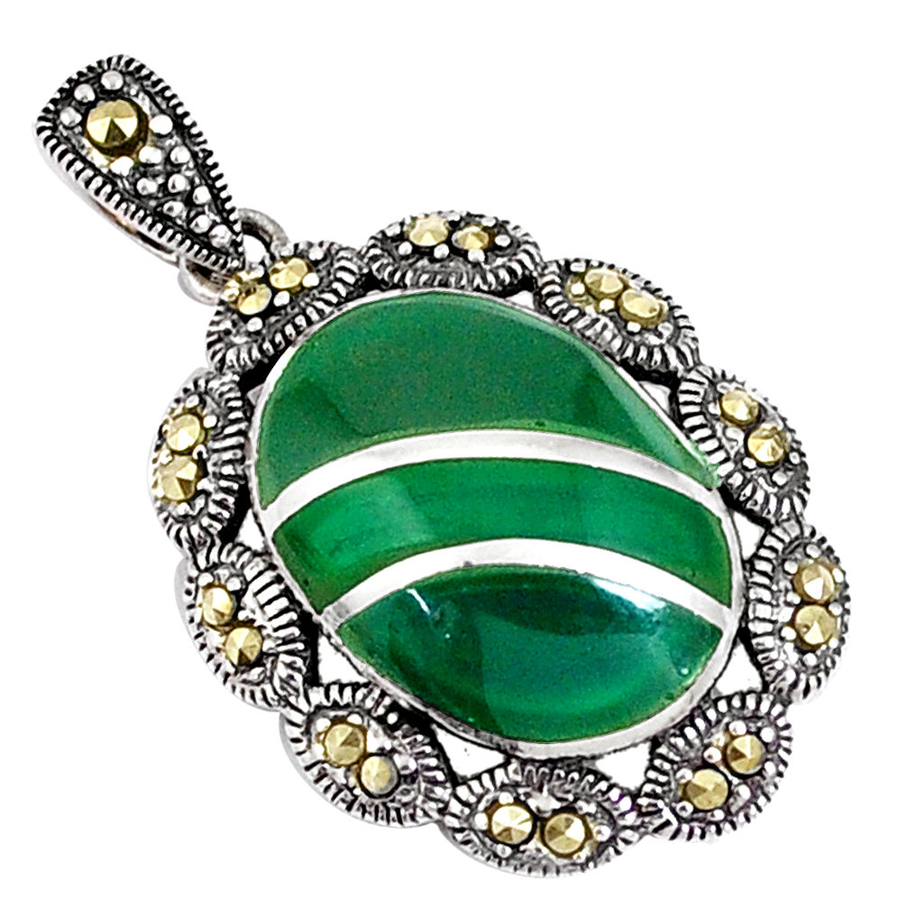 925 sterling silver 6.03cts natural green chalcedony marcasite pendant c16713