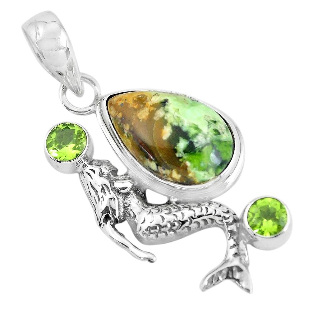 925 silver 14.12cts natural green chrome chalcedony fairy mermaid pendant p55303