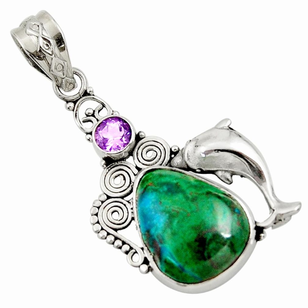 cts natural green chrysocolla amethyst dolphin pendant d45267