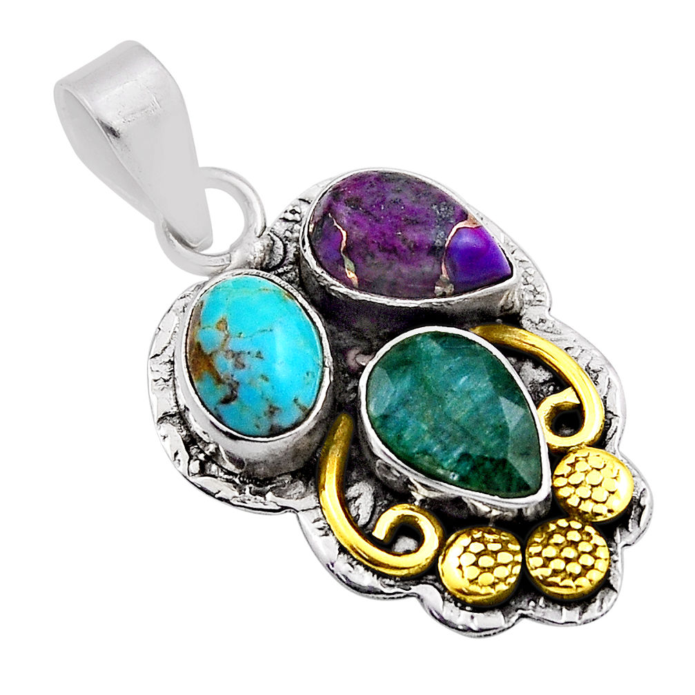 925 silver 5.54cts natural green emerald copper turquoise gold pendant n25550