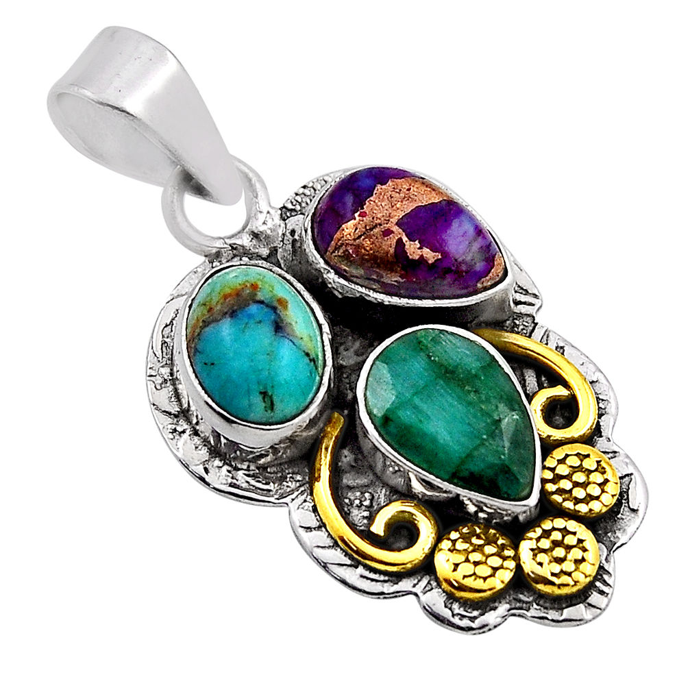 925 silver 5.12cts natural green emerald copper turquoise gold pendant n25553