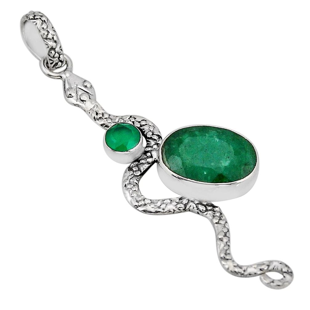 925 silver 6.80cts natural green emerald oval chalcedony snake pendant y70669