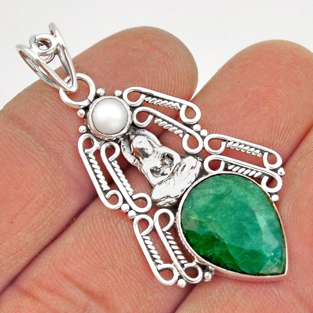 925 silver 10.77cts natural green emerald pearl buddha charm pendant y2835