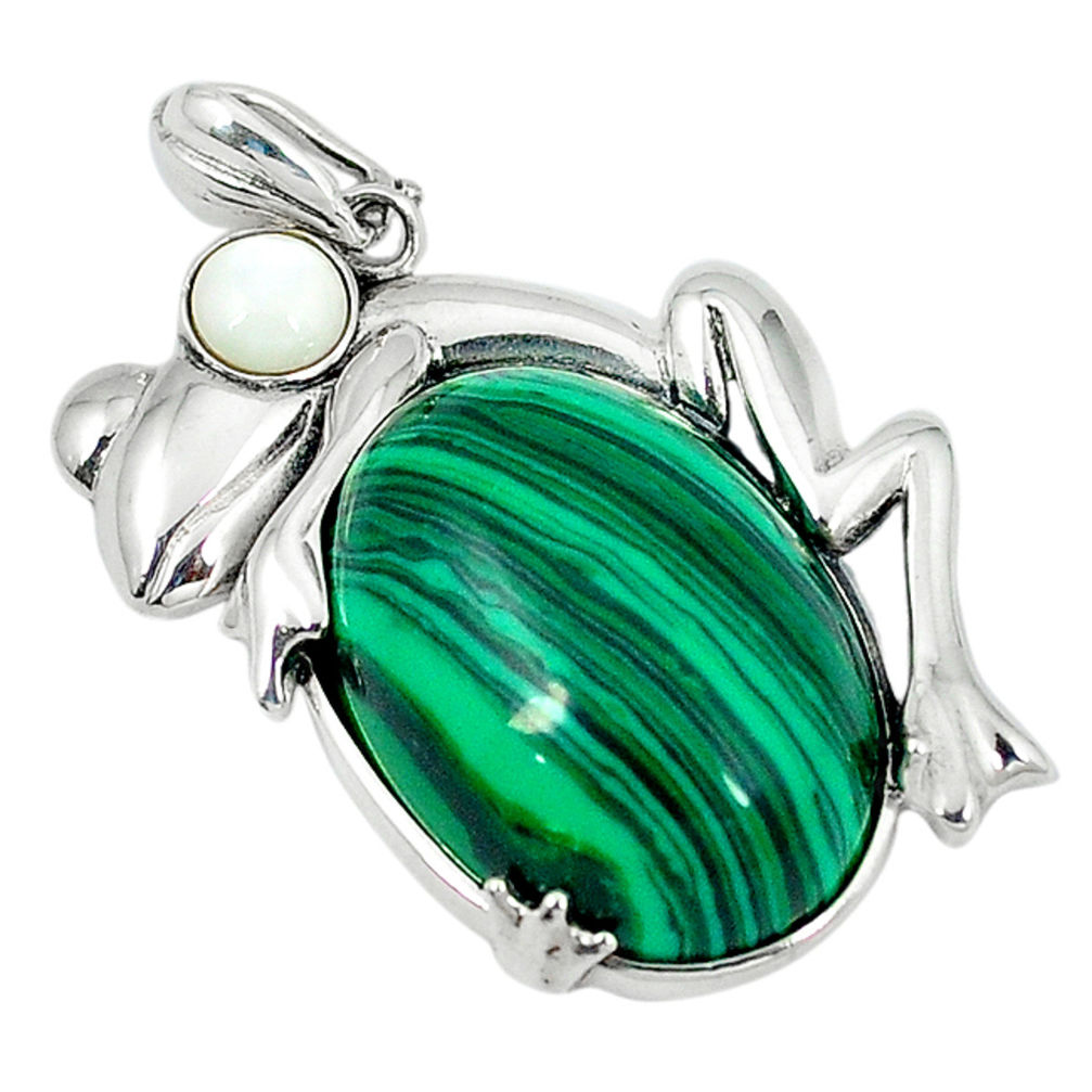 925 silver natural green malachite (pilot's stone) pearl frog pendant c22491