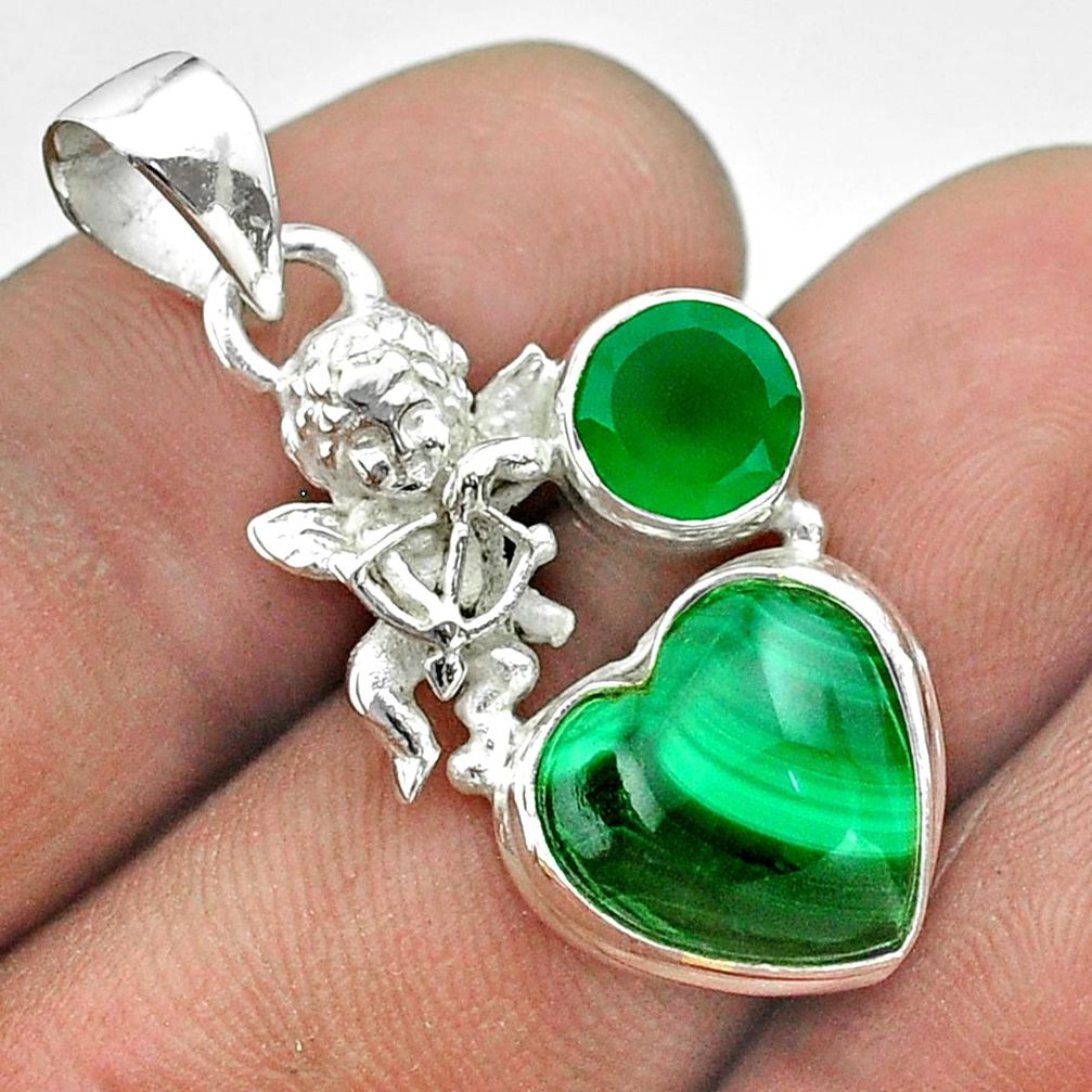 925 silver 8.77cts natural green malachite chalcedony angel pendant t55464