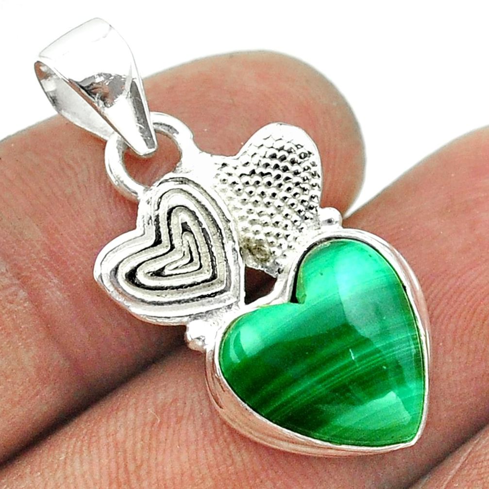 925 silver 6.57cts natural green malachite heart couple hearts pendant t55458