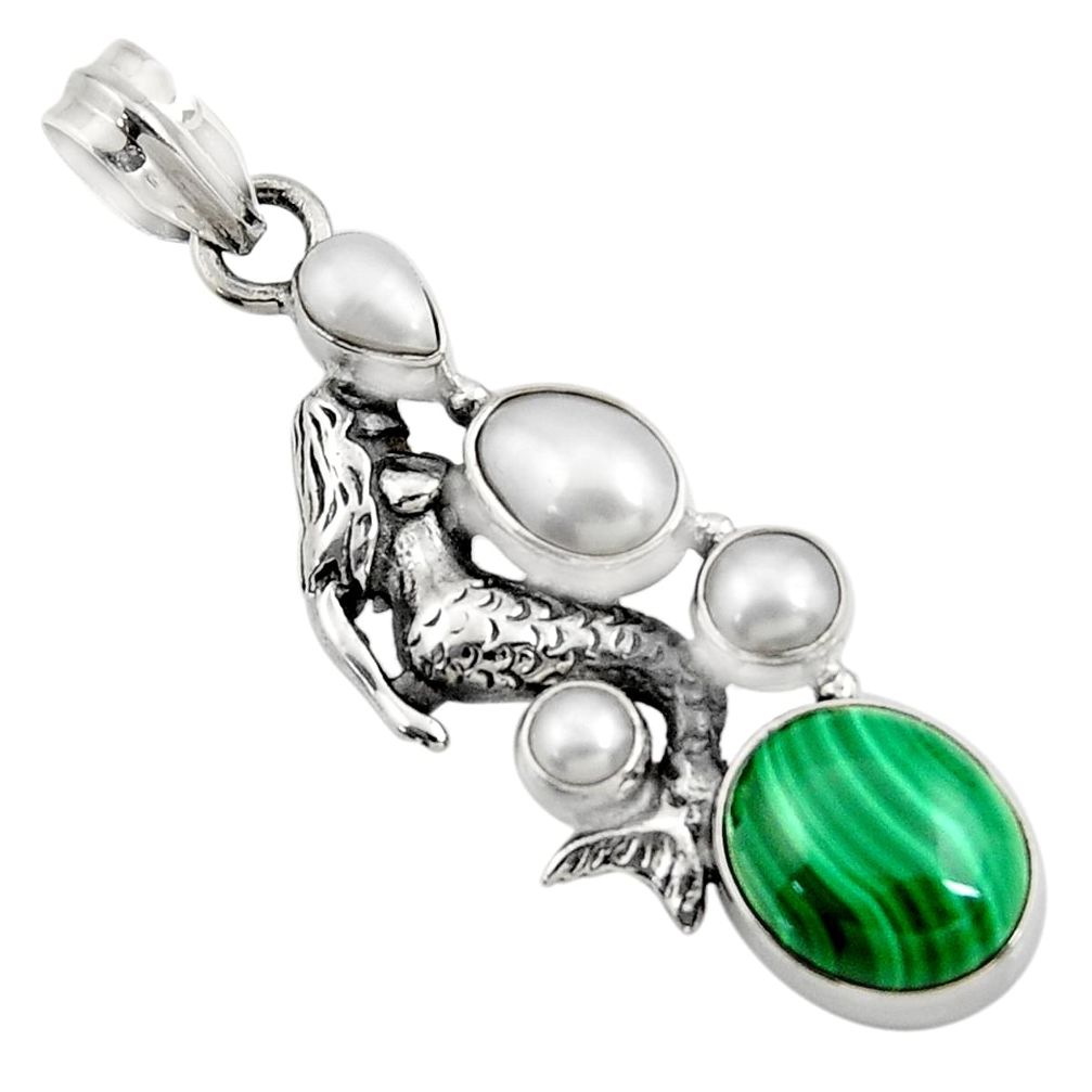 925 silver 10.89cts natural green malachite pearl fairy mermaid pendant d42723