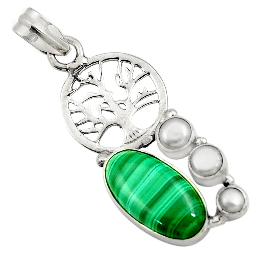 925 silver 12.64cts natural green malachite pearl tree of life pendant d42728
