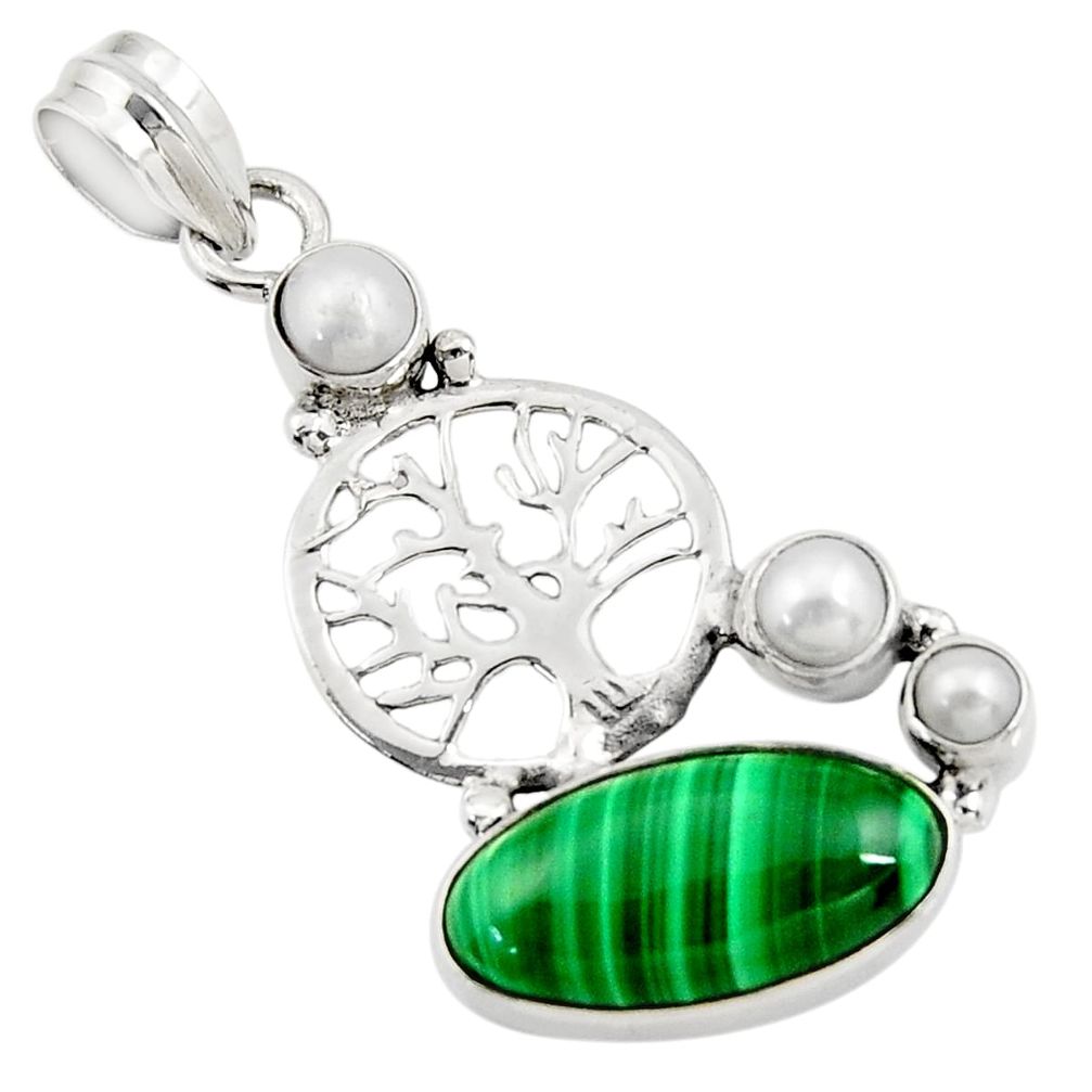 925 silver 11.27cts natural green malachite pearl tree of life pendant d42733