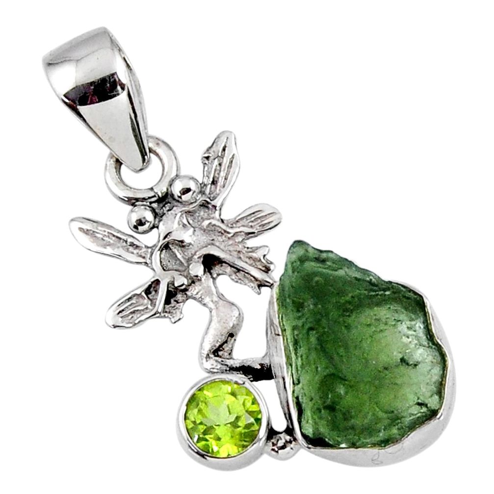 925 silver 6.61cts natural green moldavite (genuine czech) angel pendant r57119