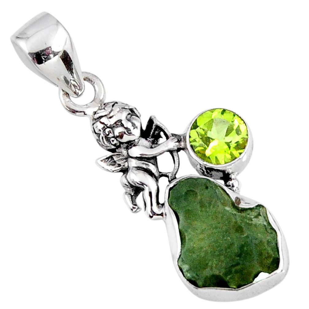 925 silver 6.22cts natural green moldavite (genuine czech) angel pendant r57164