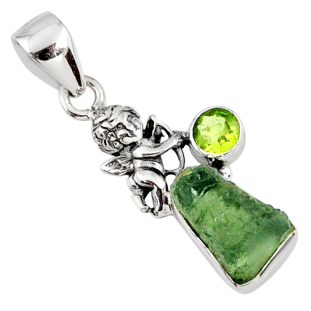 925 silver 5.80cts natural green moldavite (genuine czech) angel pendant r57177