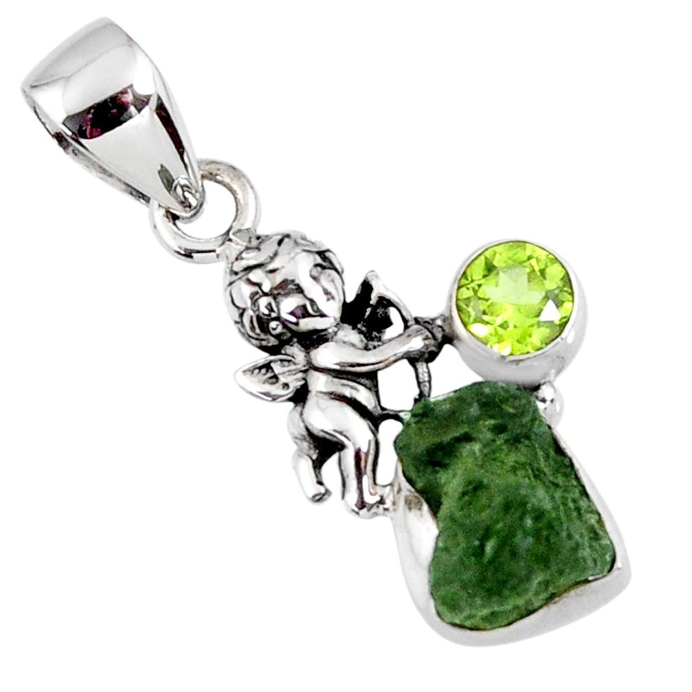 925 silver 5.43cts natural green moldavite (genuine czech) angel pendant r57188