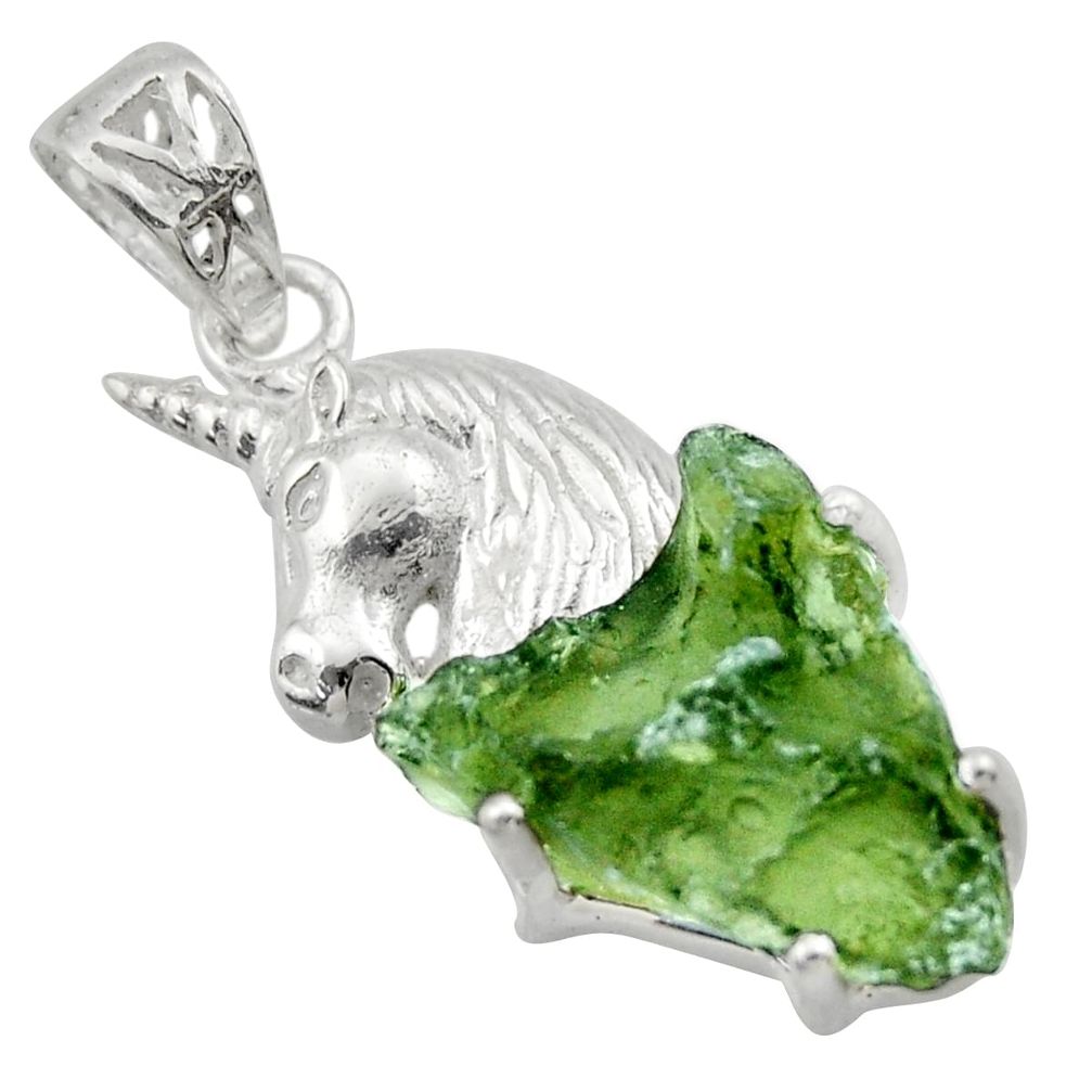 925 silver 10.81cts natural green moldavite (genuine czech) horse pendant r29399