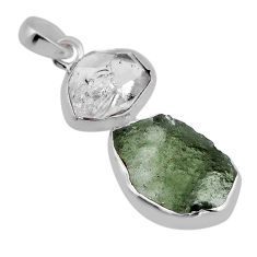 925 silver 10.56cts natural green moldavite herkimer diamond pendant n49463