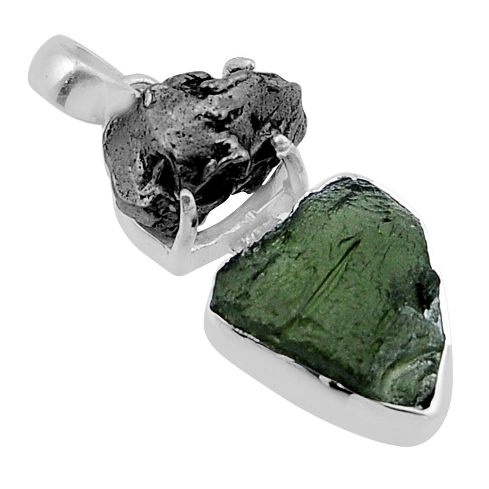 925 silver 9.52cts natural green moldavite meteorite gibeon fancy pendant n48647