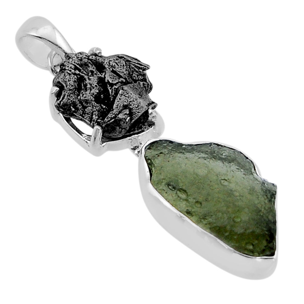 925 silver 8.70cts natural green moldavite meteorite gibeon fancy pendant n48653