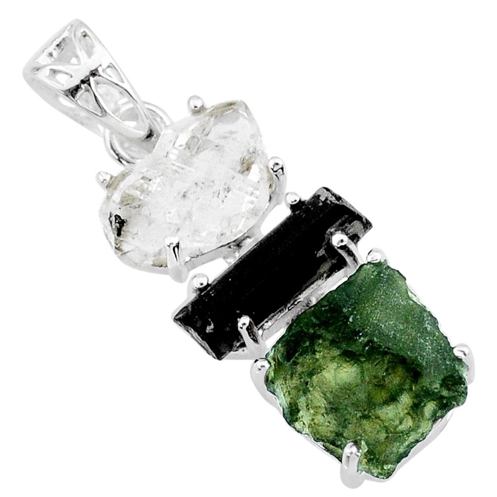 925 silver 13.05cts natural green moldavite tourmaline rough pendant r71850