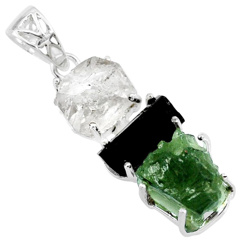 925 silver 16.28cts natural green moldavite tourmaline rough pendant r71851