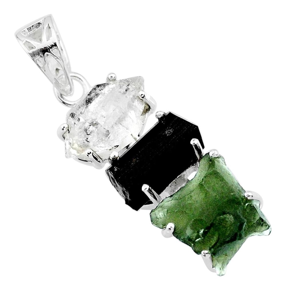 925 silver 15.68cts natural green moldavite tourmaline rough pendant r71859