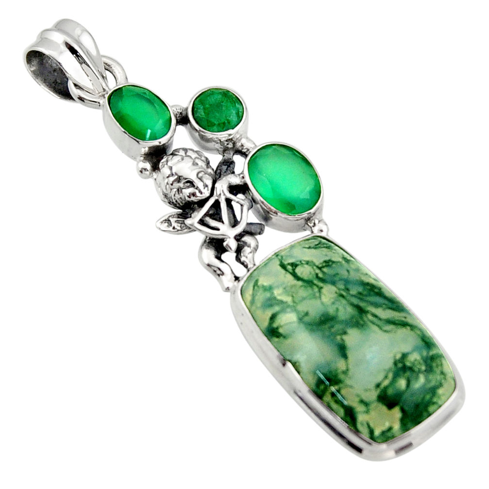 925 silver 17.14cts natural green moss agate chalcedony angel pendant d47254