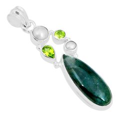925 silver 12.25cts natural green moss agate peridot white pearl pendant y5491