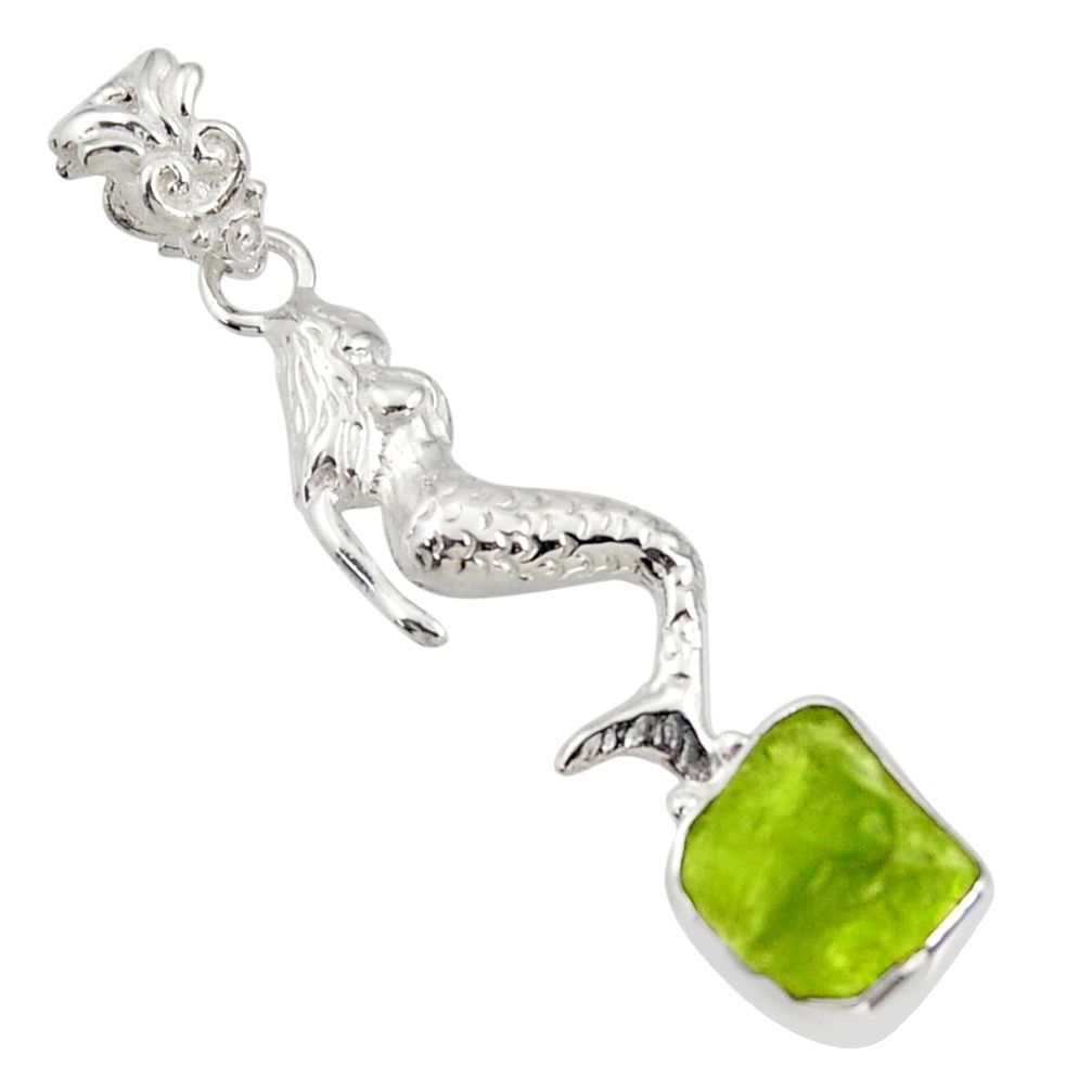 925 silver 6.04cts natural green peridot rough fairy mermaid pendant r31355