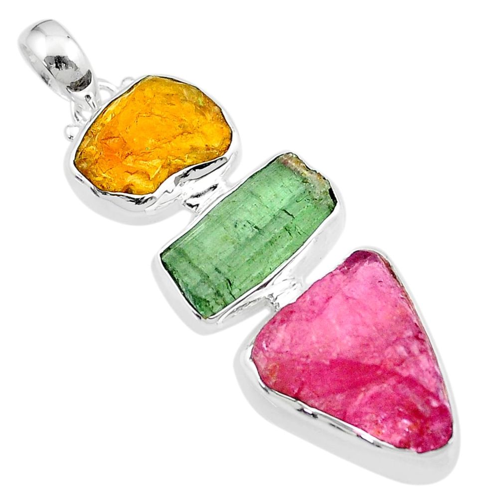 925 silver 15.77cts natural green pink yellow tourmaline rough pendant u26703