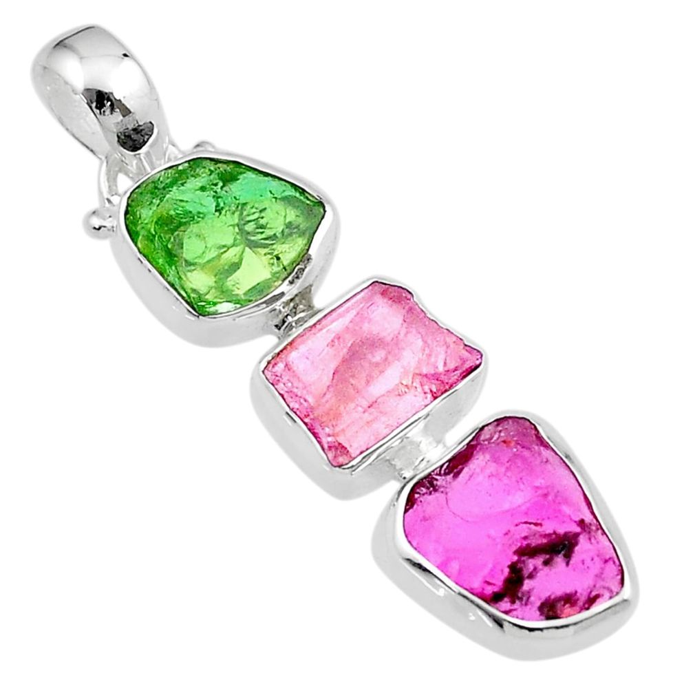 925 silver 8.57cts natural green pink yellow tourmaline rough pendant u26712