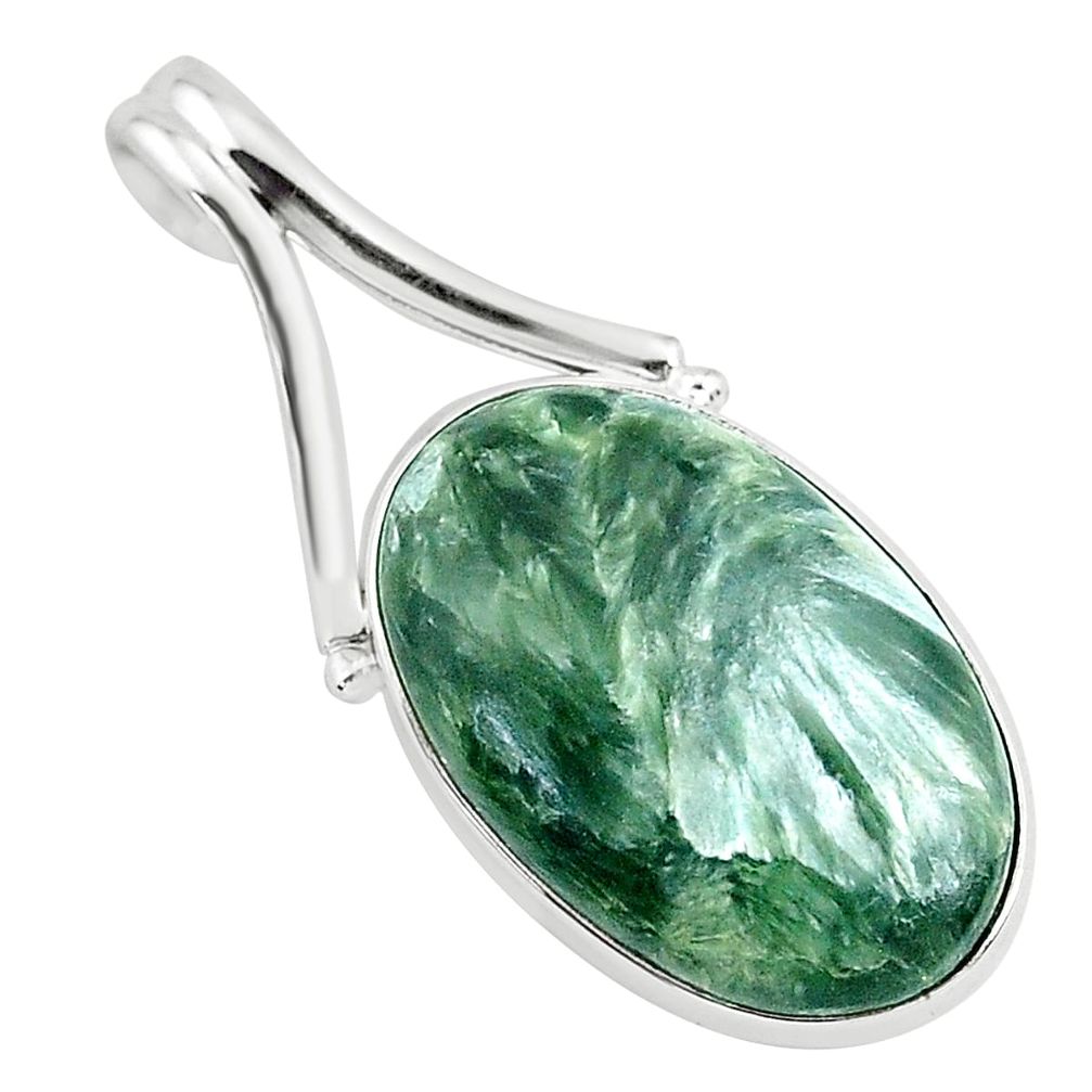 925 silver 11.73cts natural green seraphinite (russian) oval pendant r94574
