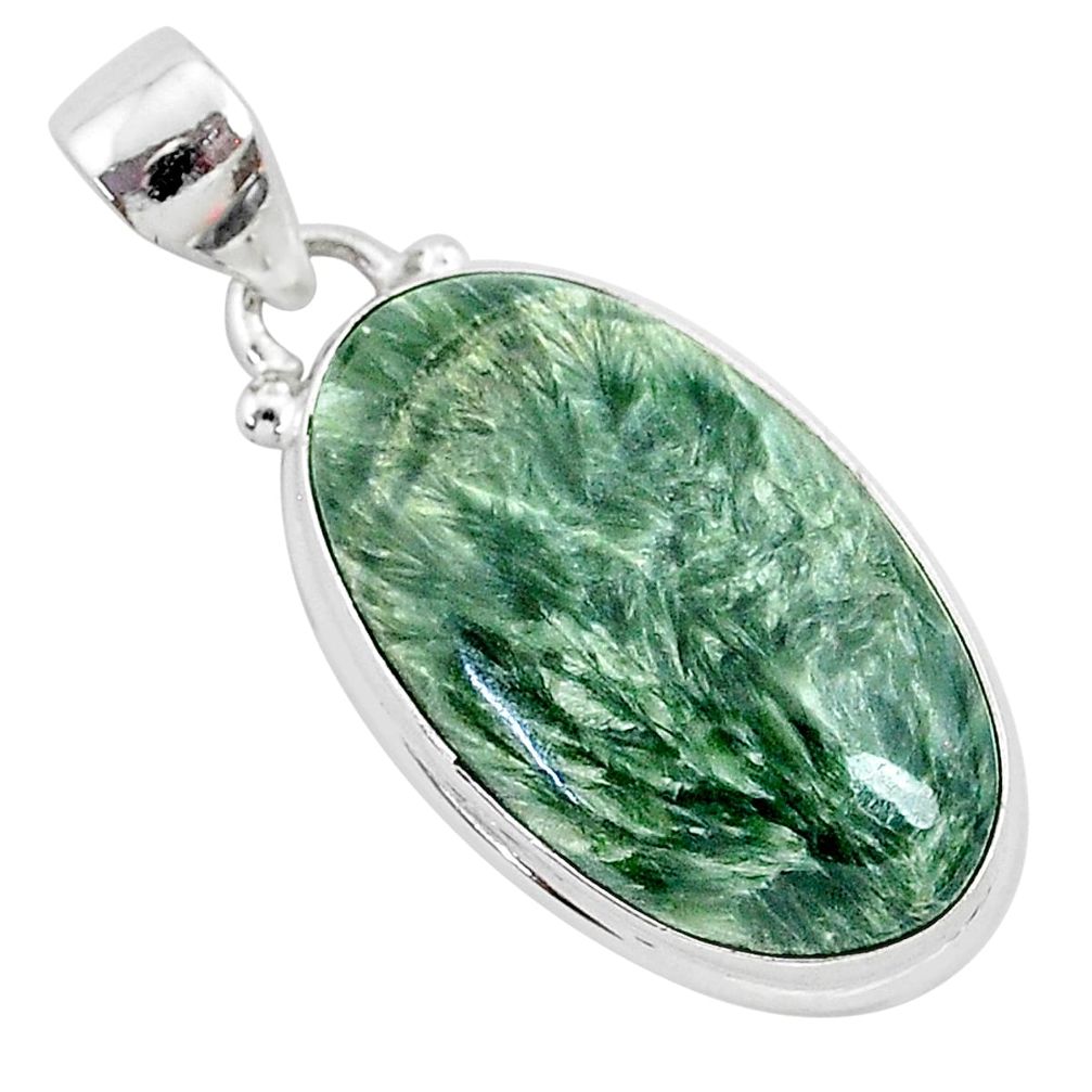 925 silver 15.08cts natural green seraphinite (russian) oval pendant r94848