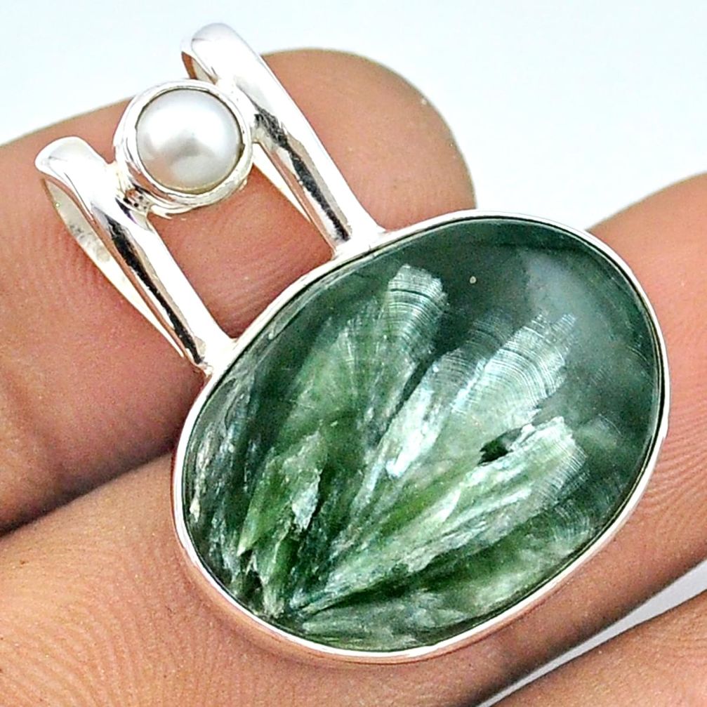 925 silver 14.12cts natural green seraphinite (russian) pearl pendant u22072