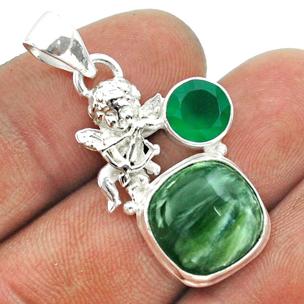 925 silver 9.09cts natural green seraphinite chalcedony angel pendant t55460