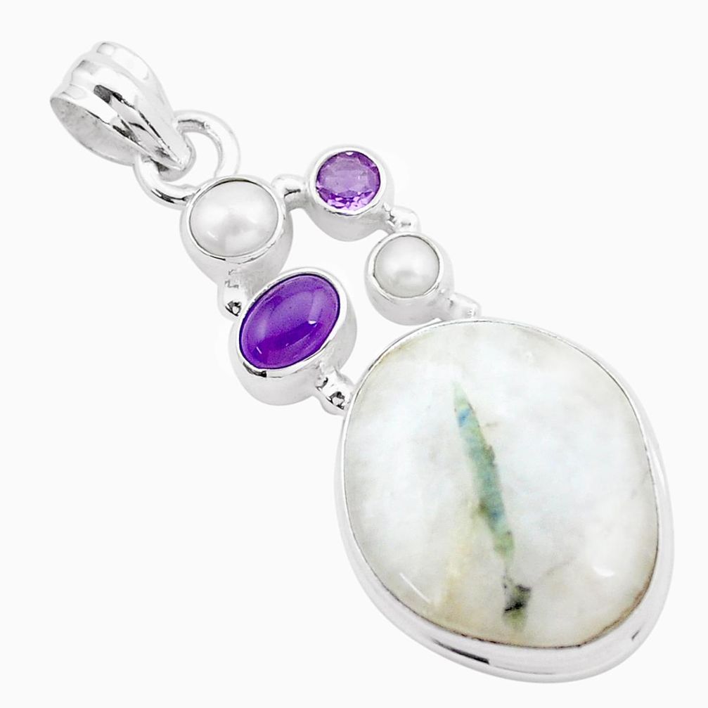 925 silver 24.00cts natural green tourmaline in quartz amethyst pendant p25532