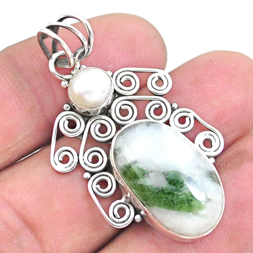 925 silver 13.77cts natural green tourmaline in quartz pearl pendant p25214