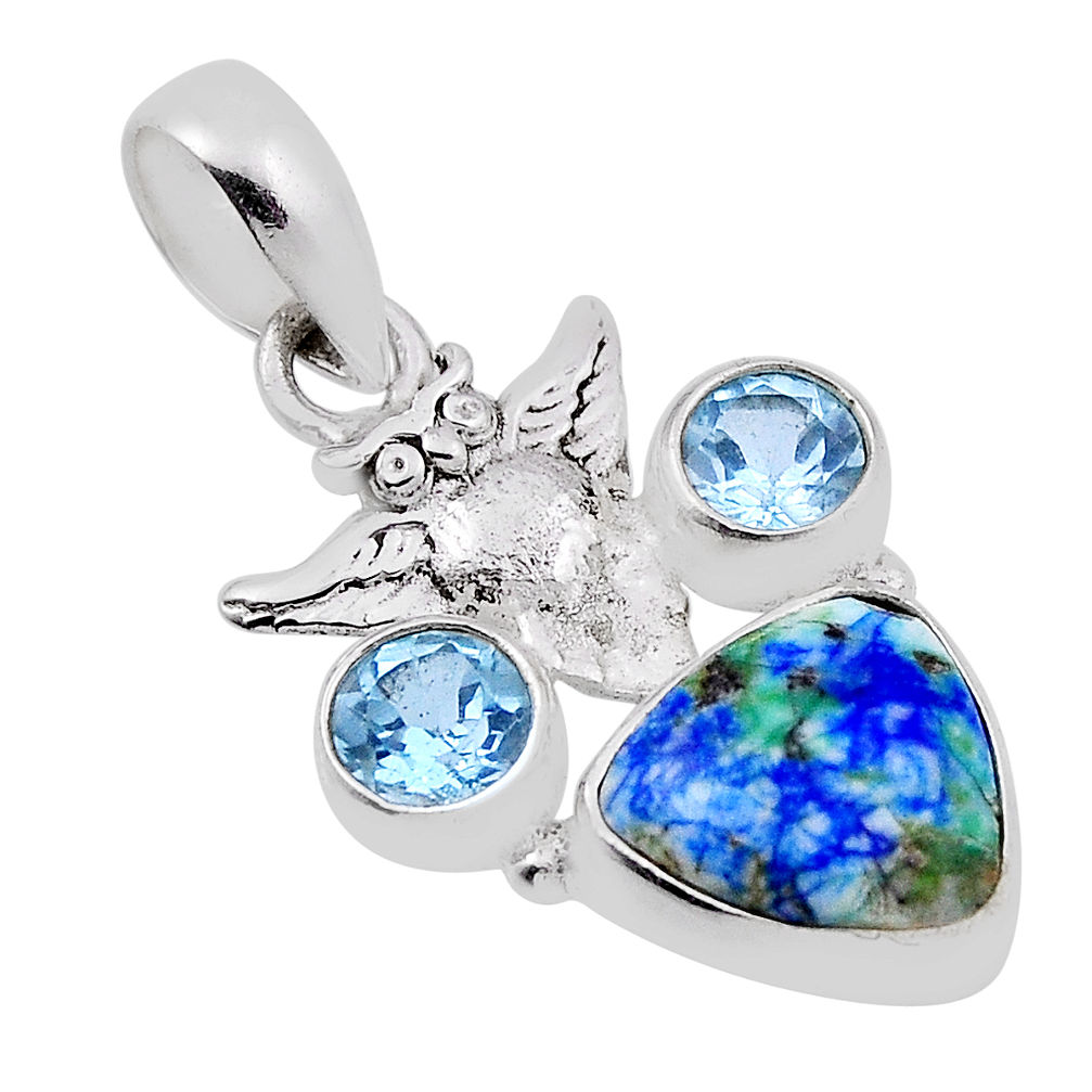 925 silver 6.27cts natural green turquoise azurite topaz owl pendant n29289